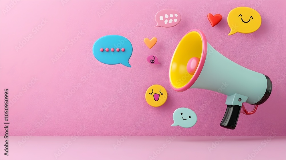 Poster Floating 3D megaphone with a speech bubble set on a bright vibrant purple background creating a playful yet powerful visual for communication marketing advertising or business branding