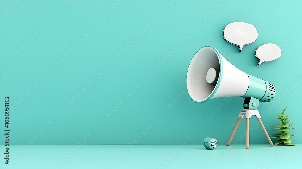 Poster striking 3d rendered megaphone with a speech bubble on a bold solid teal background perfect for crea