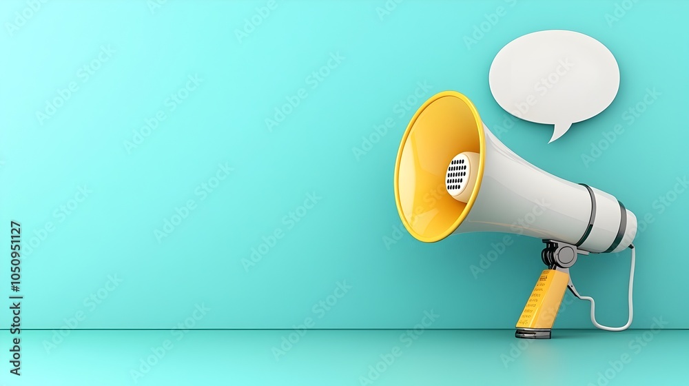 Poster striking 3d rendered megaphone with a speech bubble on a bold solid teal background perfect for atte