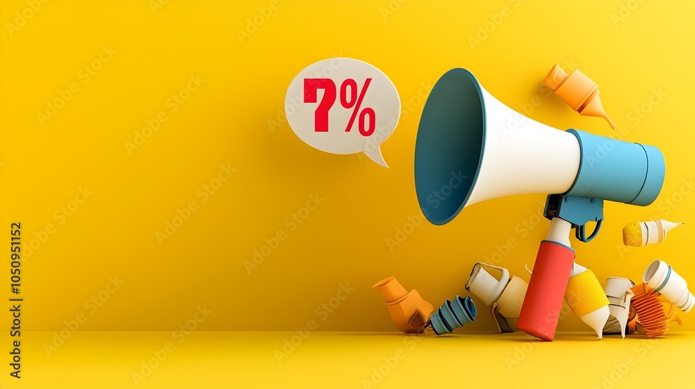 Poster striking 3d megaphone and speech bubble with a vibrant percentage symbol floating on a solid yellow 