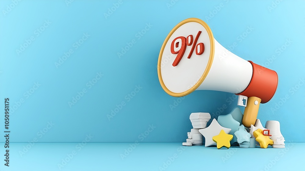 Poster vibrant 3d rendering of a modern megaphone emitting a speech bubble and a prominent percentage sign 
