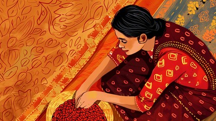 Fototapeta premium A captivating illustration of a woman engaged in traditional textile work, surrounded by intricate fabrics and patterns, highlighting cultural heritage and craftsmanship.