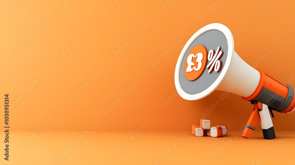Aufkleber vibrant 3d megaphone with a large percentage sign inside a speech bubble set against a solid orange 