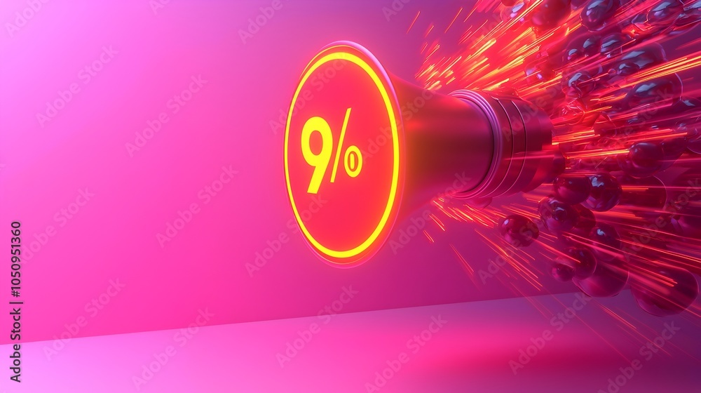 Aufkleber Megaphone projecting a glowing percentage sign in a dynamic three dimensional rendering set against a solid pink background  This image represents the concept of communication marketing