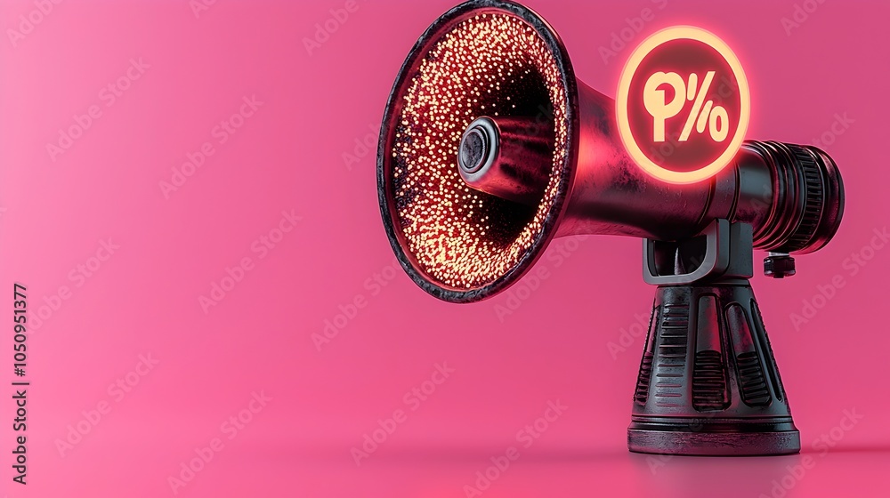 Aufkleber Dynamic 3D rendering of a megaphone projecting a speech bubble with a glowing percentage sign set against a solid pink background  This conceptual image represents data analytics