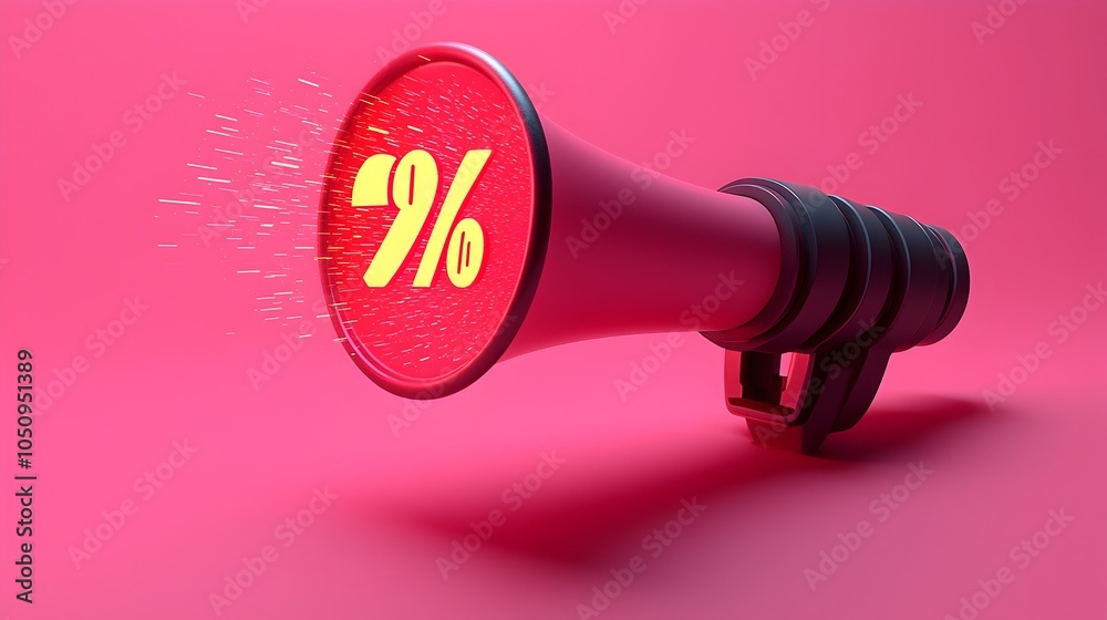 Aufkleber Megaphone projecting a speech bubble with a glowing percentage sign in a dynamic 3D rendering set against a solid pink background  This image represents the concept of data visualization