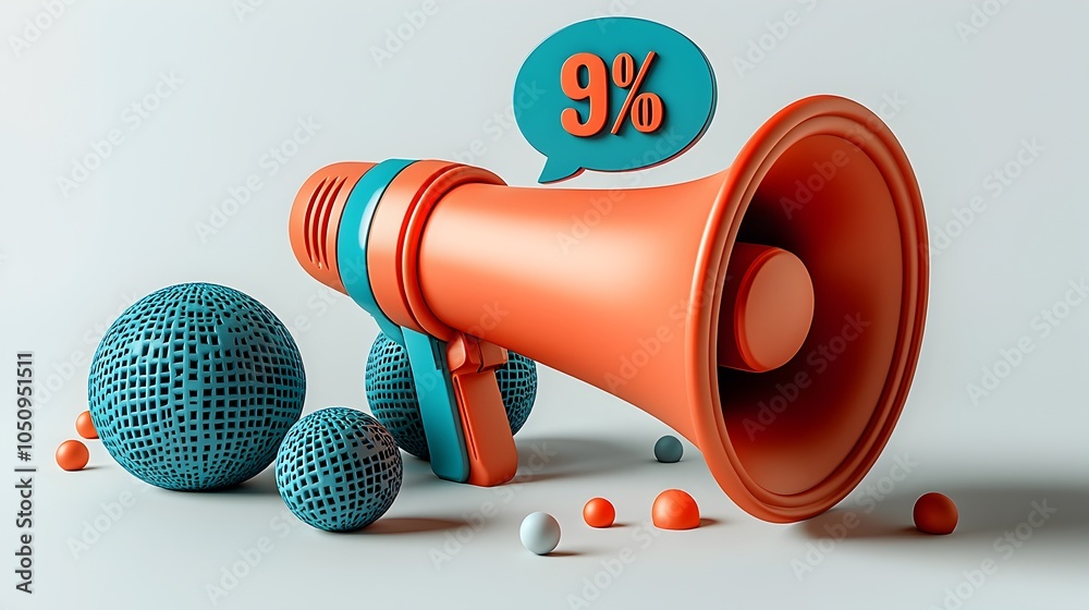Poster sleek 3d megaphone and floating percentage symbol against a clean white background designed for mini