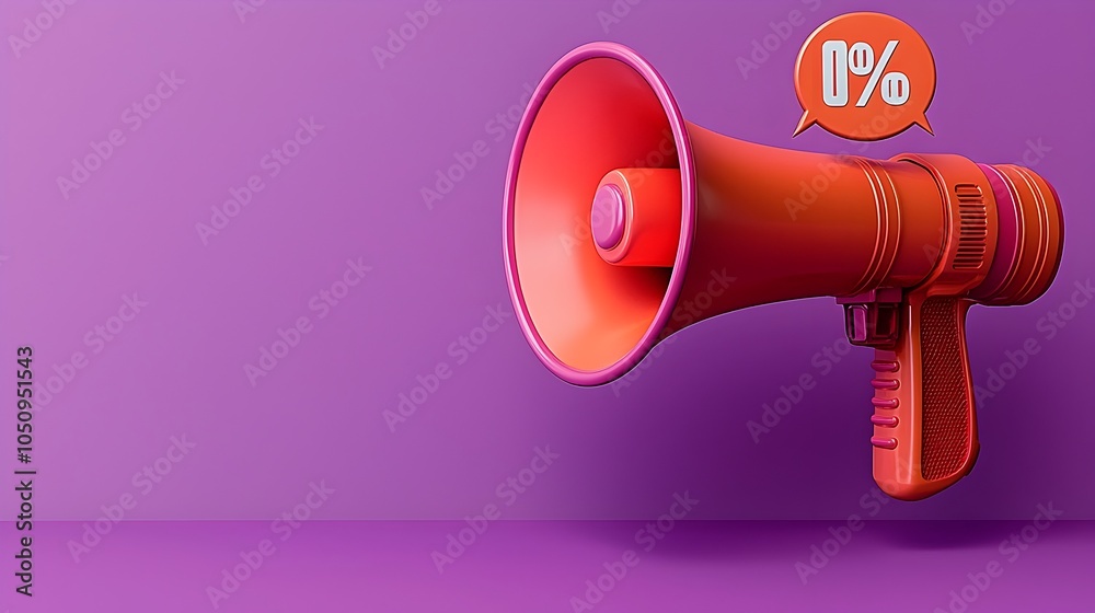 Poster Bold 3D rendering of a megaphone with a speech bubble and a percent symbol floating on a solid purple background perfect for limited time offers and marketing campaigns