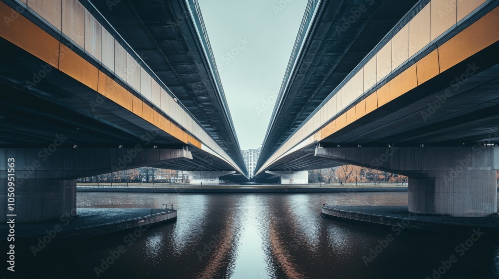 Poster An impactful image of multiple bridges spanning over a river with different textures and colors, Connecting diverse lands and communities, minimalist style