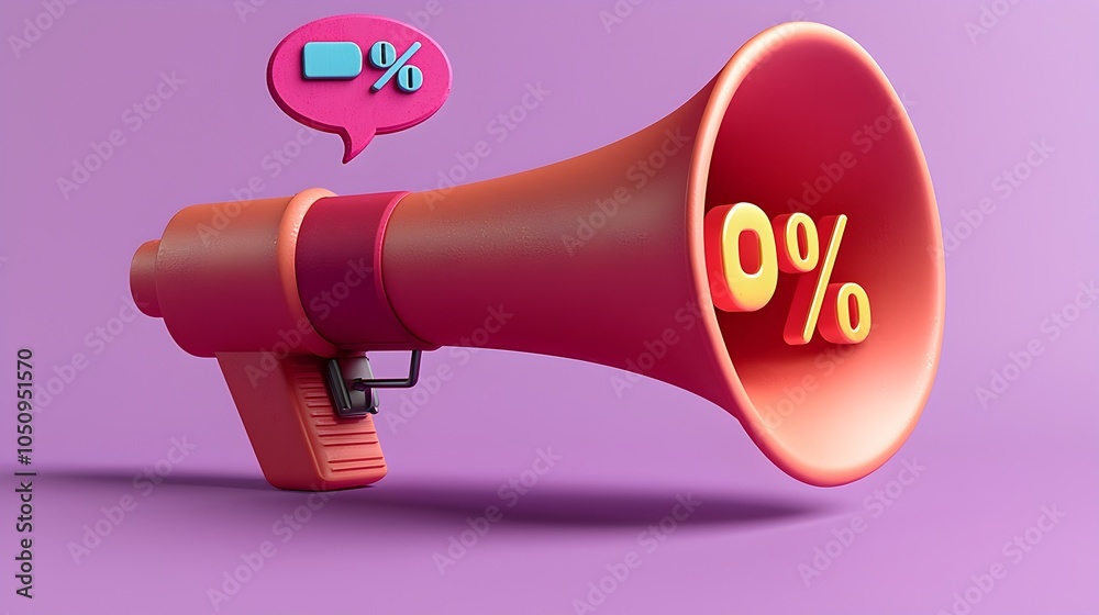 Wall mural attention grabbing 3d digital rendering of a megaphone with a speech bubble and a percentage symbol 