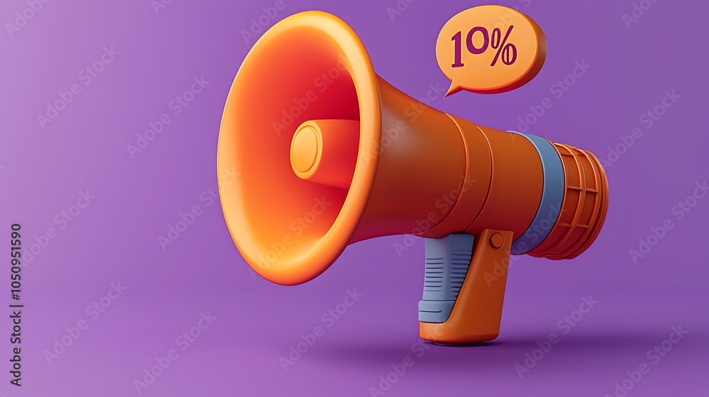 Leinwandbilder striking 3d rendering of a megaphone with a speech bubble and a percentage symbol floating on a soli