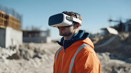 Immersed in virtual reality, man in orange safety jacket explores construction site