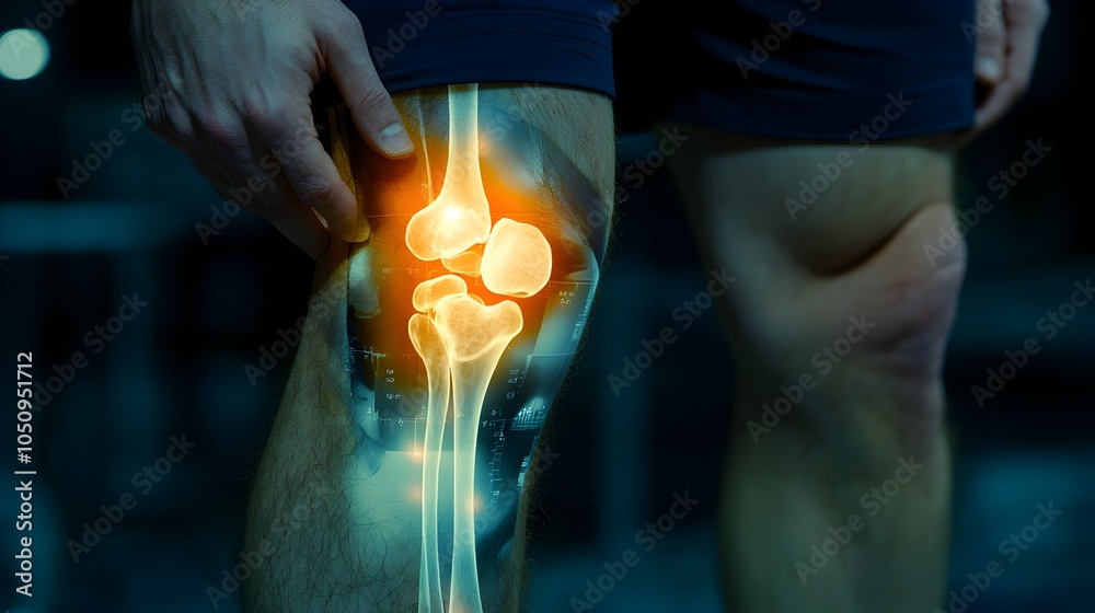 Poster closeup x ray image of a man s left knee joint with a glowing overlay highlighting the intricate med