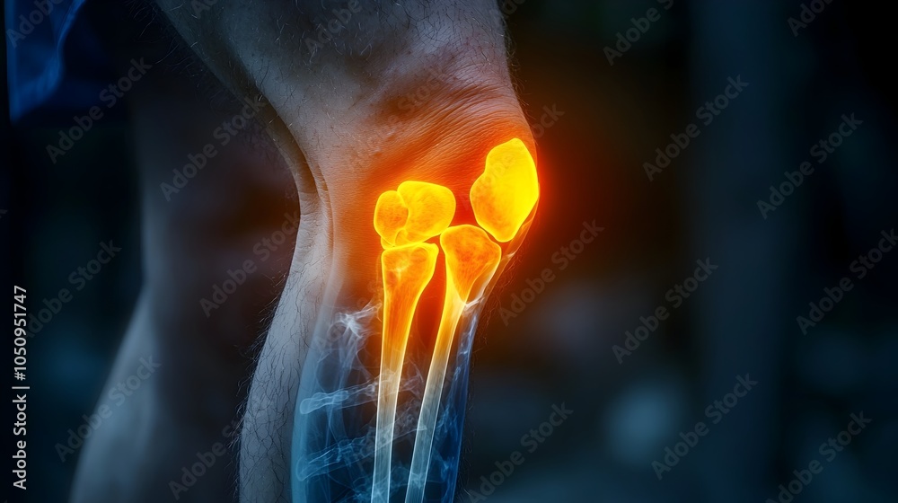 Poster focused close up shot of a man s left knee joint with a glowing x ray overlay set against a dark bac