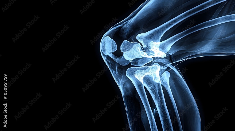 Poster detailed x ray image of a man s left knee joint glowing against a black background capturing the ess