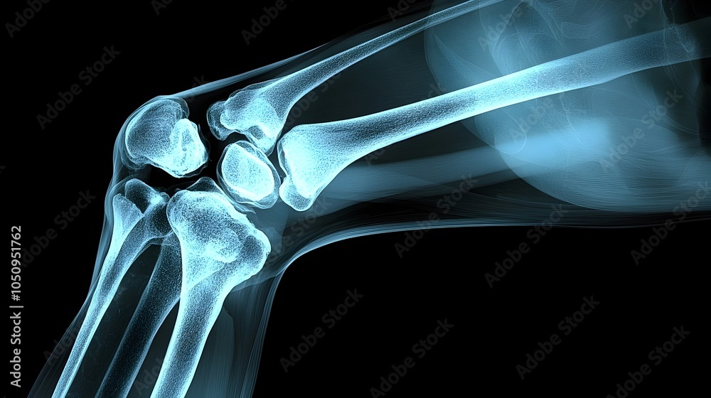 Poster detailed x ray of a man s left knee joint glowing against a black background capturing the essence o