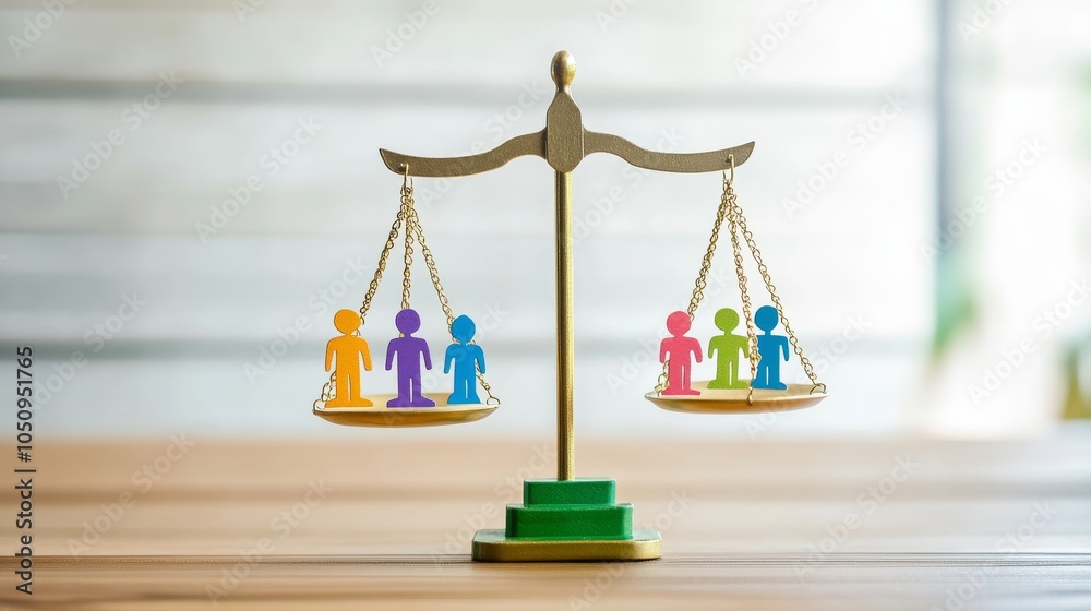 Poster an impactful image of social justice, featuring a large, balanced scale with diverse symbols of equa