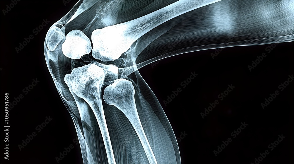 Poster Detailed X Ray Image of the Left Knee Joint Showcasing the Intricate Skeletal Structure in Monochrome against a Black Background Capturing the Essence of Medical Diagnostics and Anatomical Analysis