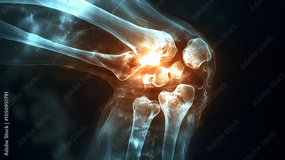 Poster detailed x ray overlay image of a man s left knee showing bright bones and skeletal structure agains