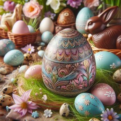 Fototapeta premium Ein dekoratives Osterei mit filigranen Mustern, umgeben von bunten Eiern, Blumen, Gras – ein perfektes Motiv für Ostergrüße. Generative KI.