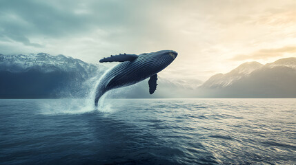Fototapeta premium whale breaching ocean surface with mountains in background creates stunning scene