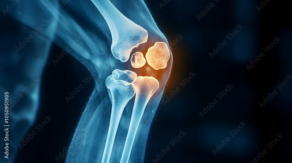 Poster focused x ray image showcasing the intricate bone structure of a male knee ideal for healthcare inju