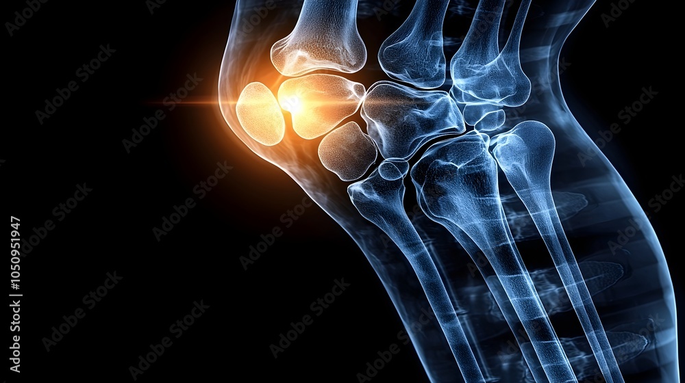 Poster Glowing x ray image of a man s left knee on a dark background emphasizing the intricate bone structure and joint anatomy  This detailed diagnostic visualization is perfect for orthopedic medical