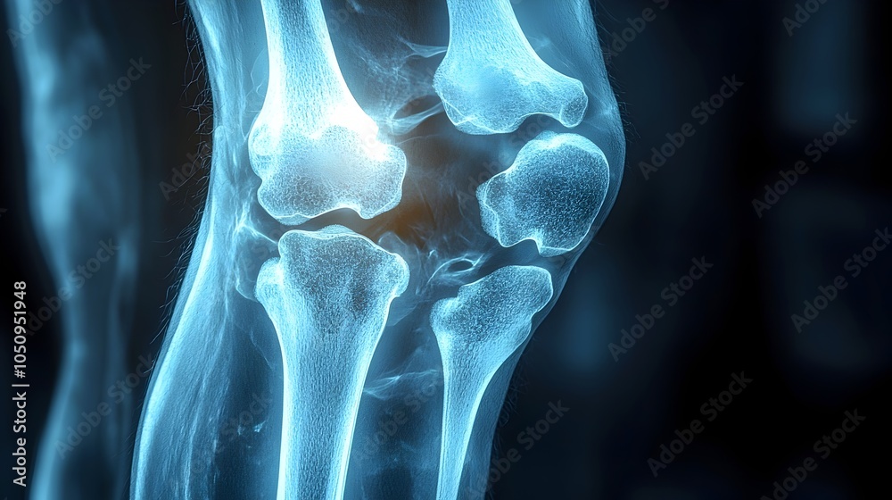 Poster Glowing x ray image highlighting the intricate bone structure and joint anatomy of a man s left knee set against a dark background