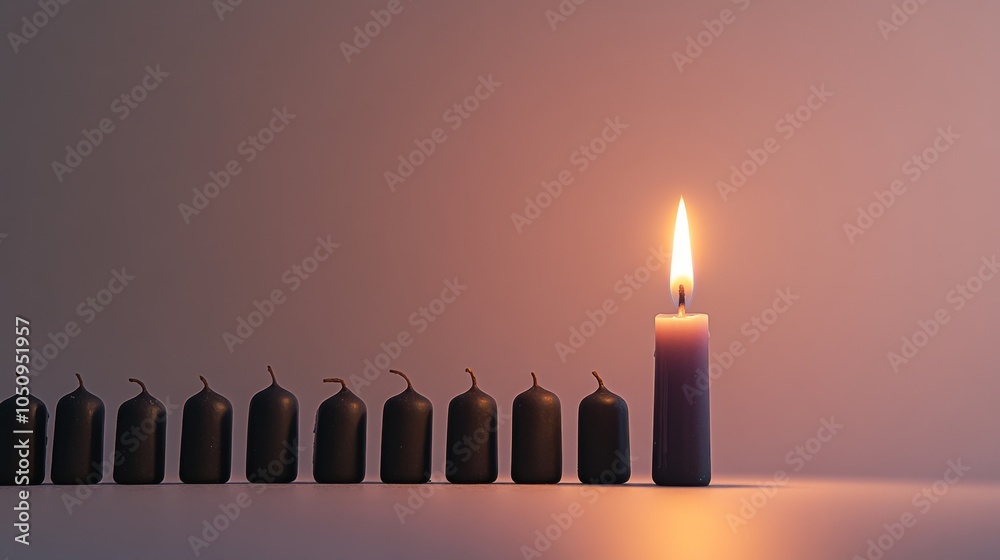 Poster An impactful portrayal of a single candle lighting up a row of unlit candles of different sizes and shapes, Representing the spread of enlightenment and inclusivity, minimalist style