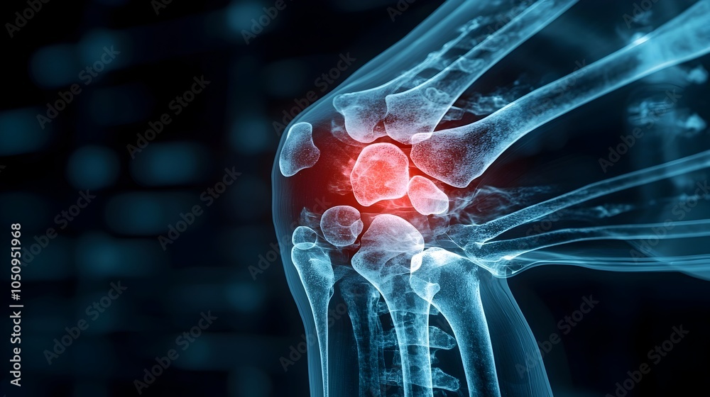 Poster detailed x ray image of a man s left knee showcasing the intricate bone structure and joint anatomy 