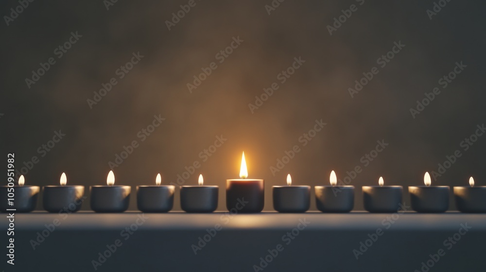 Aufkleber An impactful portrayal of a single candle lighting up a row of unlit candles of different sizes and shapes, Representing the spread of enlightenment and inclusivity, minimalist style
