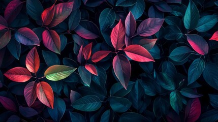 Vibrant tropical foliage in deep blues, greens, and pops of pink and orange, creating a lush, exotic ambiance with rich contrasts and intricate leaf textures. AI generative.