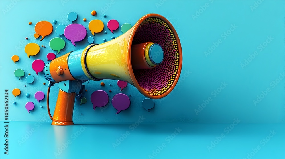 Aufkleber 3D rendering of a megaphone projecting vibrant colorful speech bubbles on a dynamic blue background symbolizing the power of communication voice amplification and digital media engagement