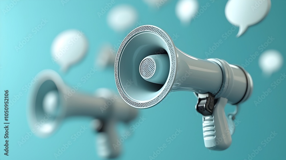 Aufkleber Dynamic 3D megaphone design with floating speech bubbles set against a modern blue background symbolizing the flow of ideas digital communication and the power of sharing information in a global