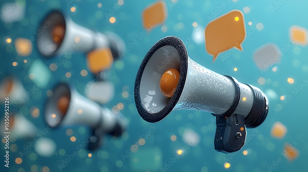 Aufkleber Dynamic 3D design featuring multiple megaphones with floating speech bubbles set against a sleek modern blue background symbolizing the concept of and effective messaging