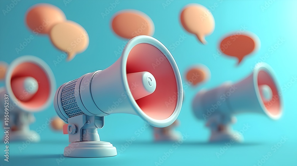 Aufkleber Dynamic 3D design featuring multiple megaphones with floating speech bubbles against a modern blue background representing the concept of communication ideas