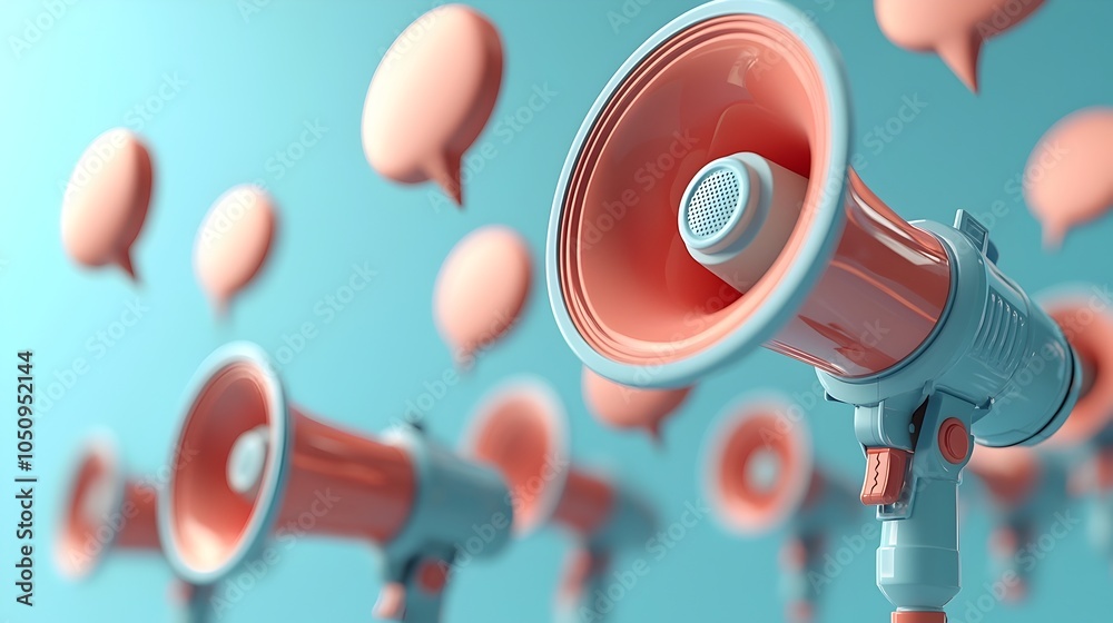 Poster Dynamic 3D design featuring multiple megaphones with floating speech bubbles set against a modern blue background representing ideas communication and
