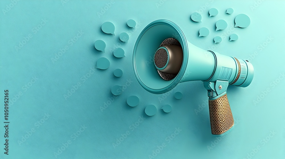 Poster Dynamic 3D rendering of a megaphone with speech bubbles radiating outward set against a soft blue backdrop symbolizing vocal expression dialogue communication and the power of voice and messaging