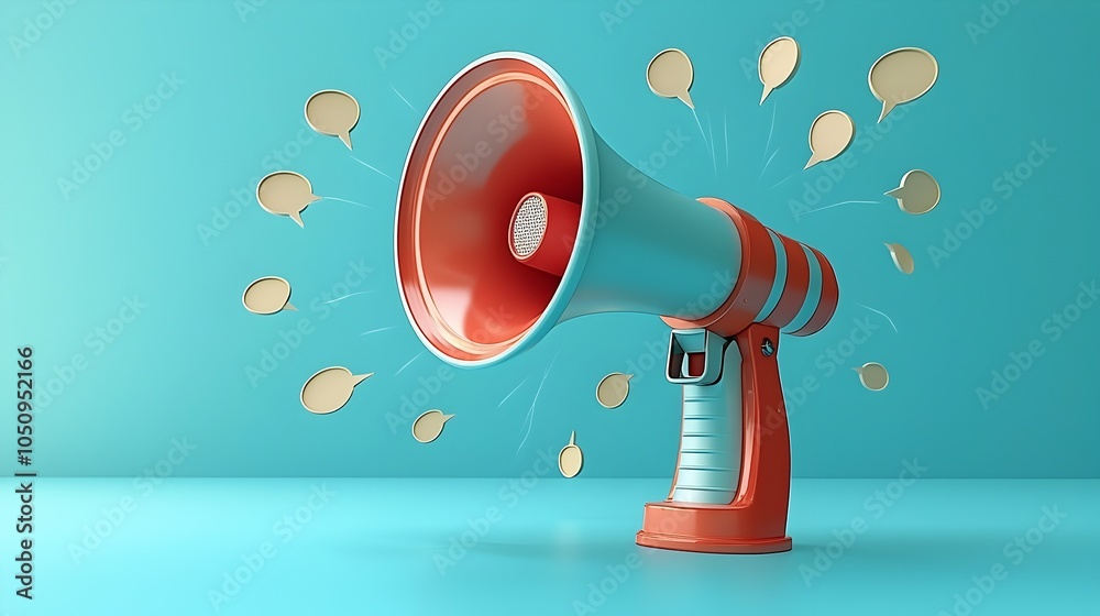 Aufkleber Dynamic 3D rendering of a megaphone with speech bubbles radiating outward set against a soft blue backdrop symbolizing the power of vocal expression communication and dialogue