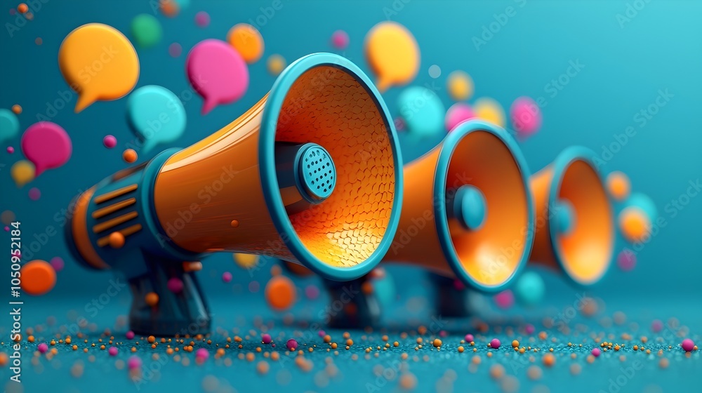 Fototapete vibrant 3d megaphones with colorful speech bubbles on a deep blue background representing powerful c