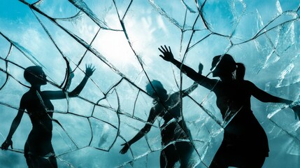 An impactful portrayal of gender inequality, featuring a cracked glass ceiling with silhouettes reaching out, Symbolizing the barriers and struggles faced in achieving gender equality