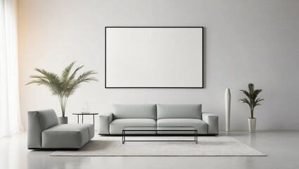 Obraz premium Minimalist Wall Art Mockup for Modern Living Room Design Featuring Elegant Canvas and Sleek Gray Sofa
