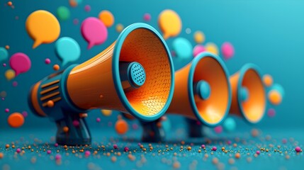 Vibrant 3D megaphones with colorful speech bubbles on a deep blue background representing powerful communication information sharing and amplification of ideas and messages