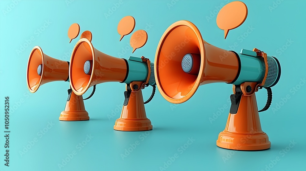 Poster captivating 3d rendering of megaphones emitting bold speech bubbles against a smooth blue background