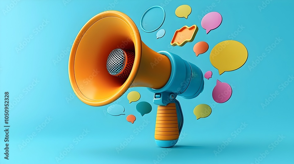 Leinwandbilder floating 3d megaphone with various shaped and colored speech bubbles on a solid blue background illu