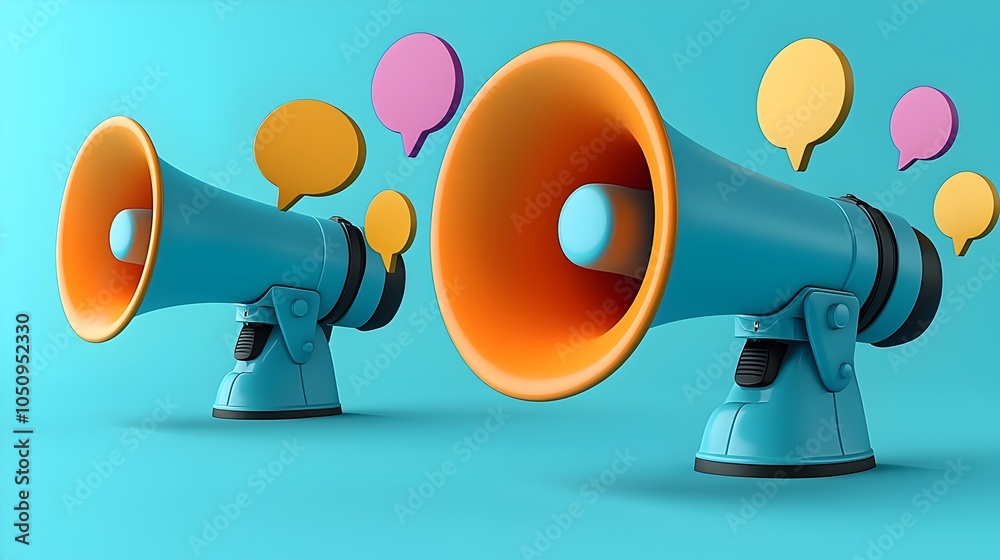 Poster boldly amplified dialogue a vibrant 3d rendering showcasing megaphones emitting colorful speech bubb