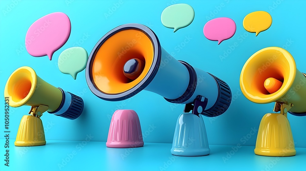 Poster Megaphones with Floating Speech Bubbles in a Creative 3D Rendering Placed on a Bold Blue Background Representing Effective Communication Tools for Advertising Marketing and Business Strategies