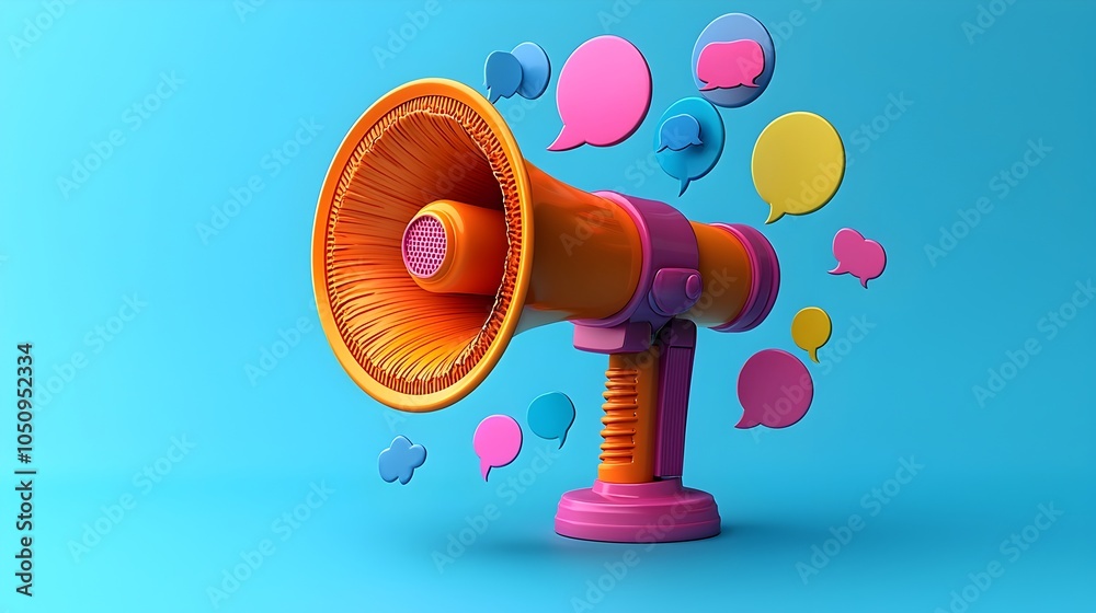 Aufkleber Floating 3D megaphone with various shaped and colored speech bubbles on a solid blue background illustrating the concept of communication expression and digital media