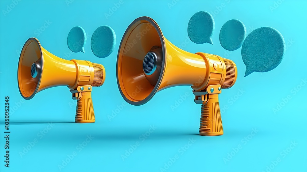 Aufkleber bold and bright 3d rendering of megaphones emitting speech bubbles on a smooth blue background symbo