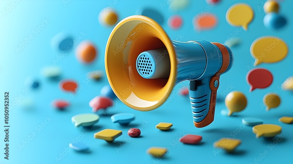 Leinwandbilder Floating three dimensional megaphone with an assortment of speech bubbles in various shapes and vibrant colors all set against a solid blue background illustrating the concepts of communication